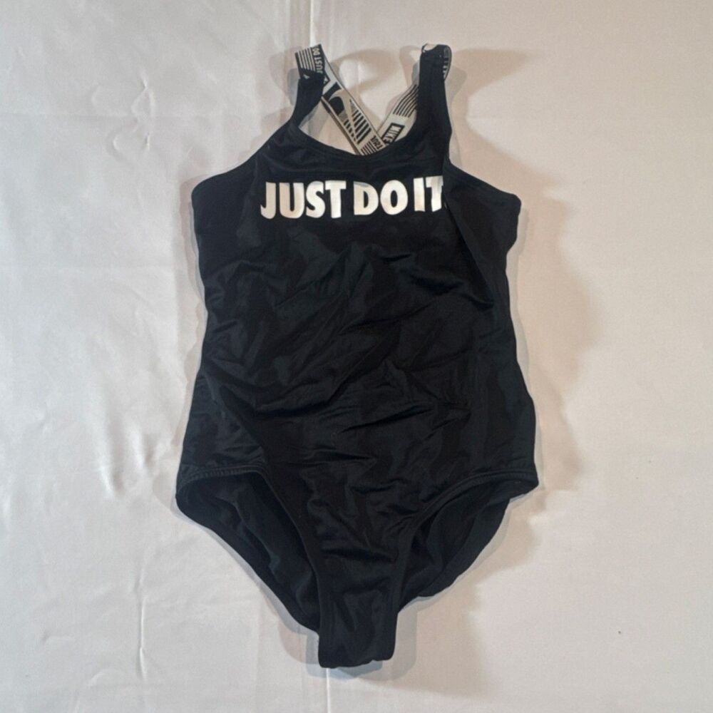 Nike Girls Black One-Piece Swimsuit Size M "Just Do It" Logo Slogan